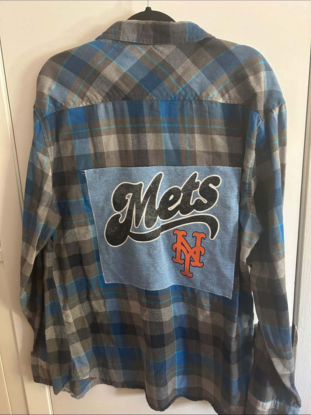 New York Mets Plaid Patchback Flannel Shirt - Blue/Gray/Black xxL
